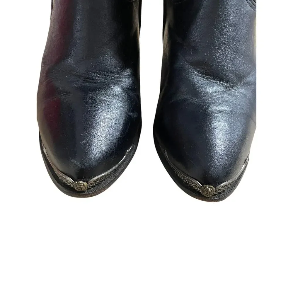 Zodiac Boots Womens 7.5 M Heeled Slouch Black Leather Metal Tip Pull On